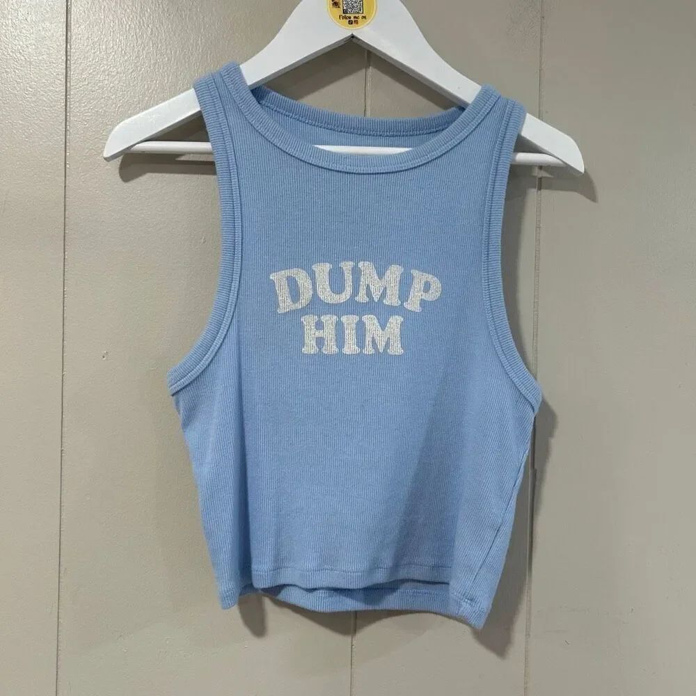 Aéropostale “Dump Him” Blue Ribbed Crop Tank Top Size S | Y2K Graphic Sleeveless